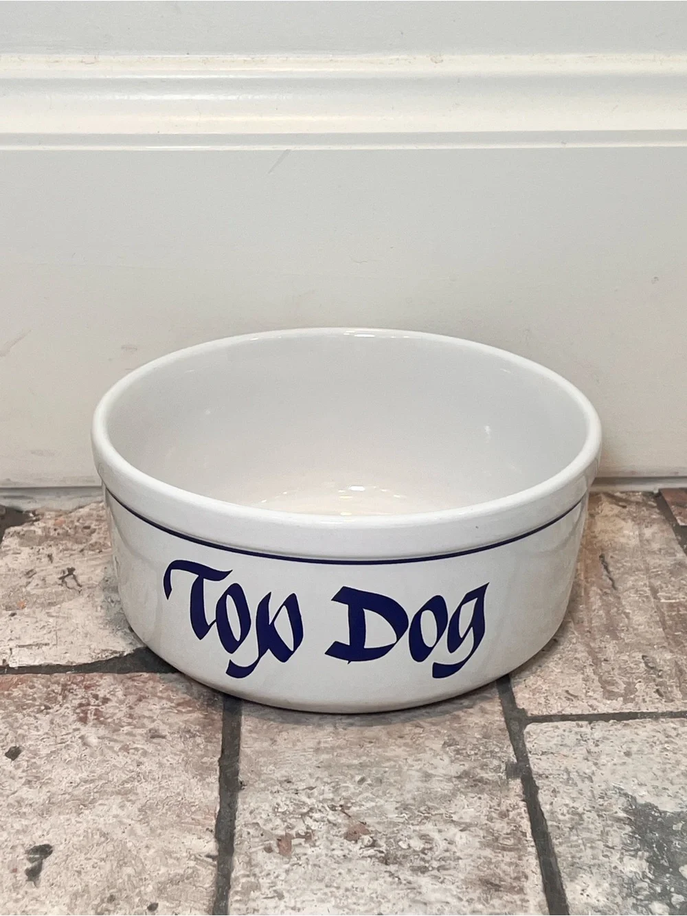 Vintage Clay Design TOP DOG ceramic dog bowl white blue pet food dish